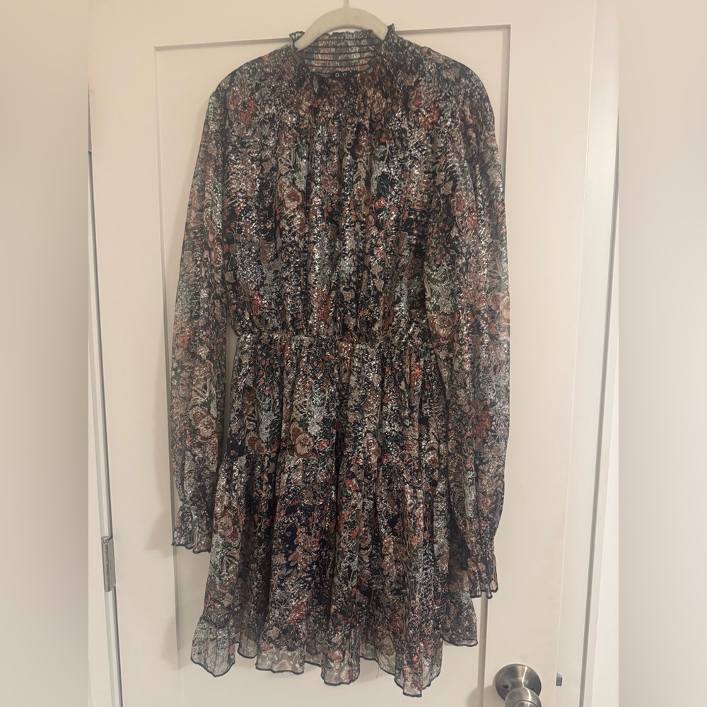 O.P.T Floral Metallic Smock Neck Fit&Flare Long Sleeve Mini Dress Navy Boho L
